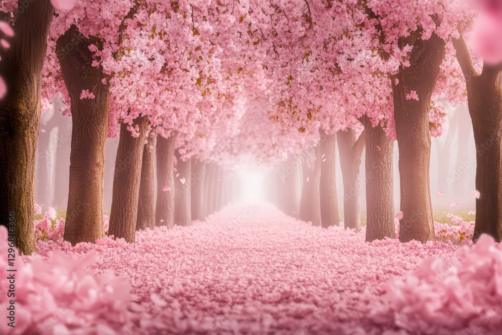 Dreamy Scene of Cherry Blossom Trees in a Serene Landscape