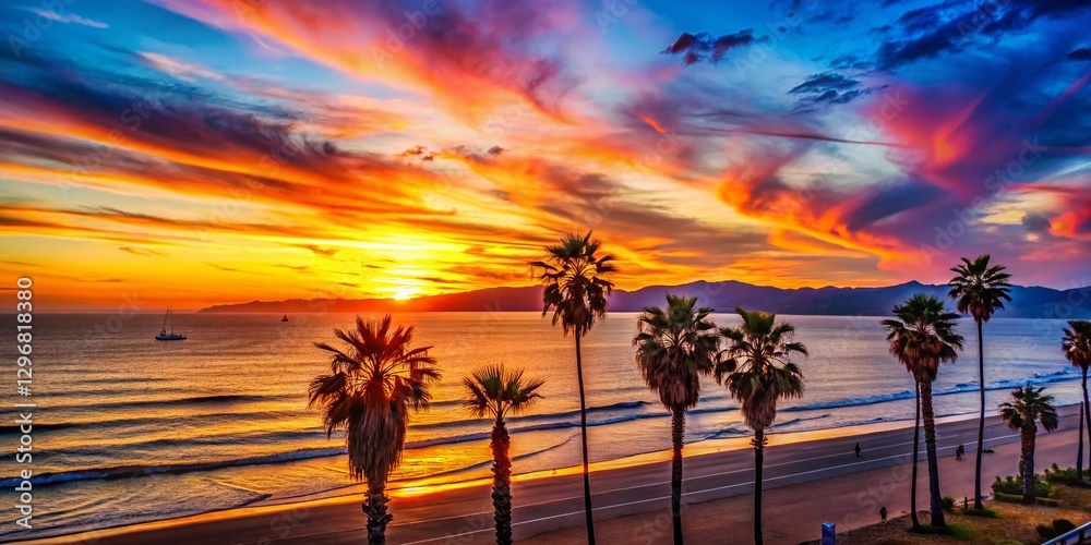 Obraz premium Silhouetted Palm Trees at Sunset Over Santa Monica Bay