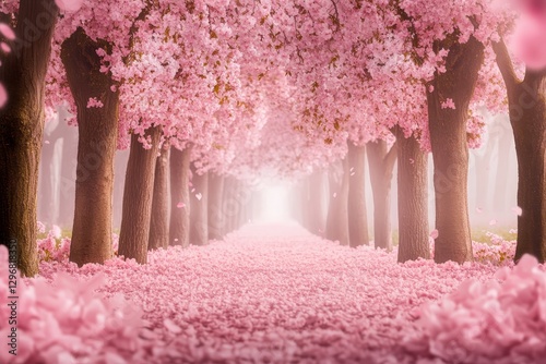 Obraz na płótnie Dreamy Scene of Cherry Blossom Trees in a Serene Landscape w salonie