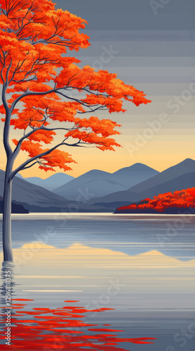 Stunning Vector Landscape with Vibrant Autumn Foliage, Tranquil Lake Reflection, Mountainous Horizon, and Dramatic Sunrise for Nature Enthusiasts