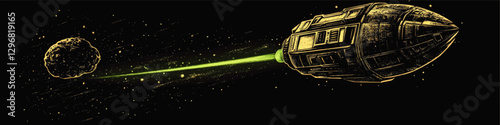 Futuristic Spacecraft Firing Green Laser Towards Asteroid in Deep Space Cosmos Vector Art with Starry Background - Sci-Fi Illustration and Space Adventure Scene