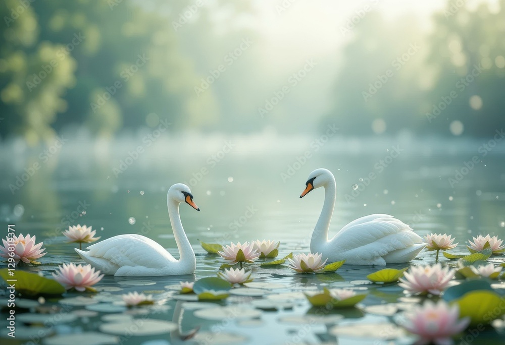 Fototapeta premium Romantic Serene Scene Two White Swans Calm Water Surrounded Pink Water Lilies Green Lily Pads - Elegant Nature Photography Wedding Invitations Love-Themed Decor