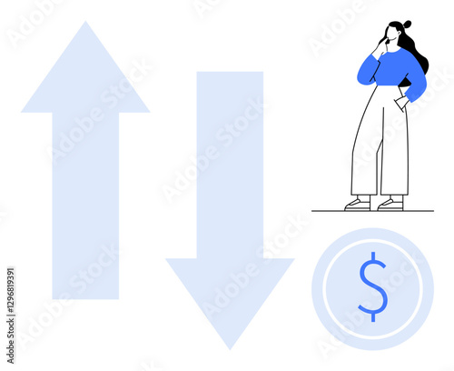 Woman thinking next to large upward and downward arrows and dollar symbol coin. Ideal for finance, investment, decision-making, market trends, economic fluctuations, financial planning, risk