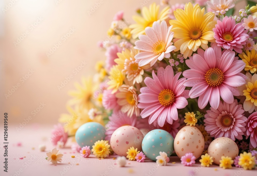 Vibrant Easter Floral Arrangement Pink Yellow Daisies, Pastel Eggs, Soft Background - Colorful Spring Decor Easter Celebrations Family Gatherings Vibrant Easter Floral Arrangement Pink Yellow Daisies, Pastel Eggs, Soft Background - Colorful Spring Decor Easter Celebrations Family Gatherings