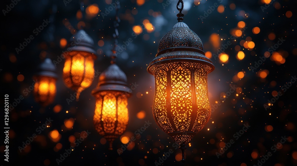 Illuminated ornate metal lanterns hanging amidst a bokeh background. Illuminated ornate metal lanterns hanging amidst a bokeh background.