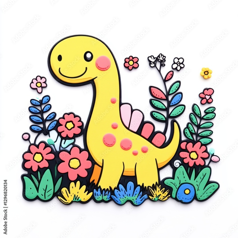 Naklejka premium Playful Cartoon Dinosaur Surrounded by Colorful Flowers and Plants in a Whimsical Illustration for Kids