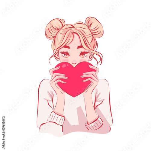 Blonde girl wearing bun ponytails with long bob hairstyle holds red heart. Anime manga kawaii style portrait. Sunset light scene.