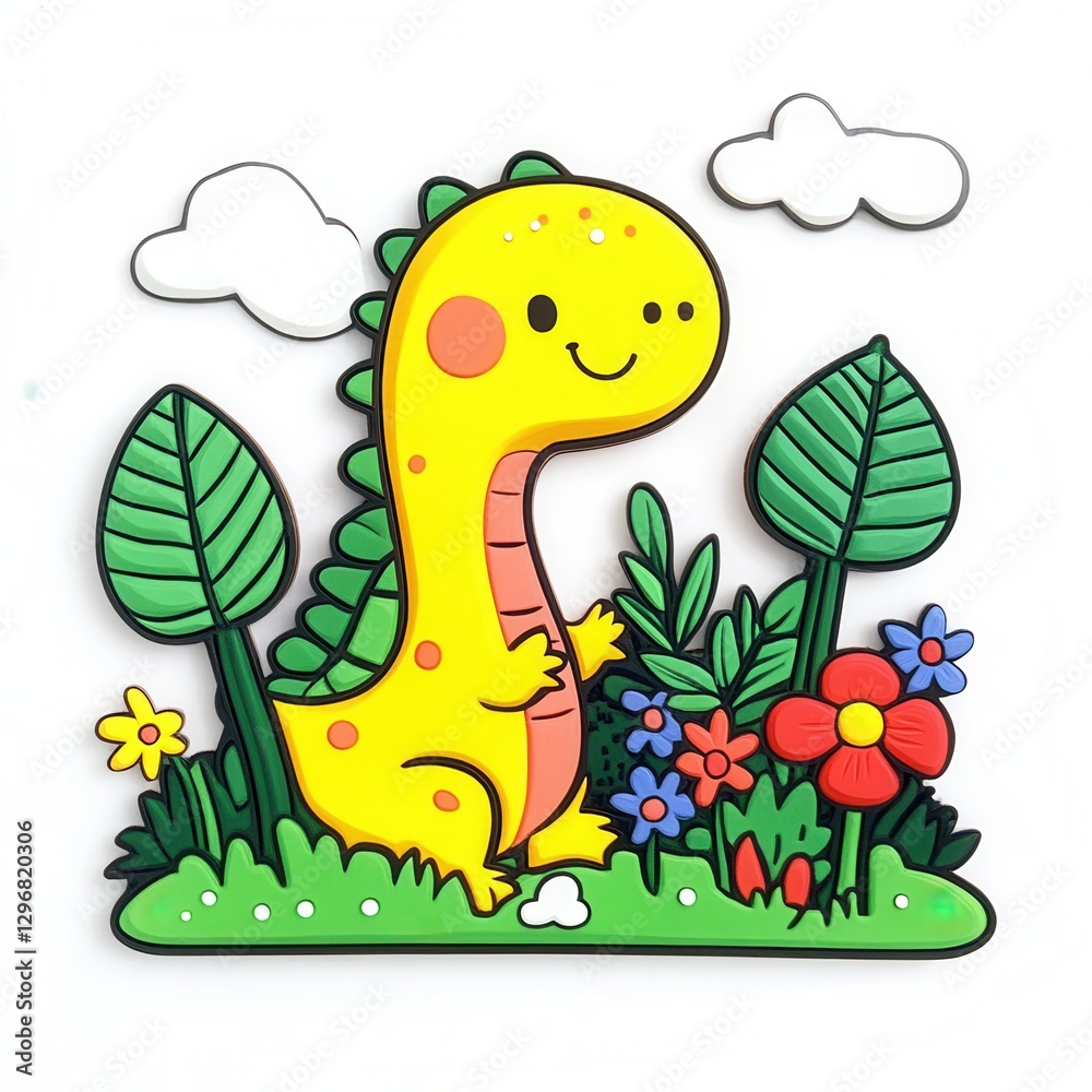 Fototapeta premium Happy Cartoon Dinosaur in a Colorful Garden Surrounded by Green Leaves and Flower Blossoms