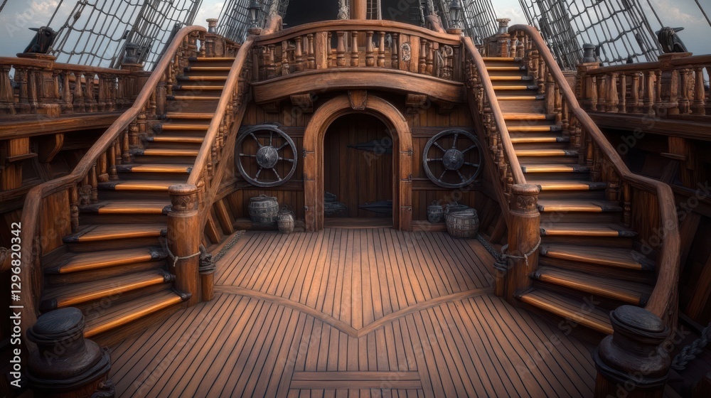 Fototapeta premium Wooden stairs leading to the captain's cabin on an old pirate ship