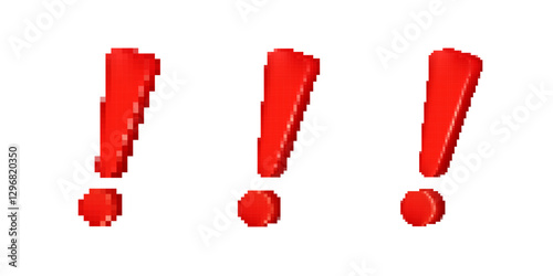 Three pixelated red exclamation marks with a glossy effect, featuring a bold digital typography style