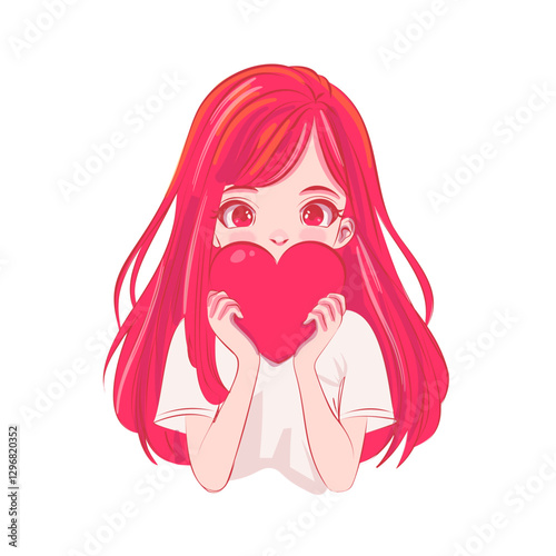 Red haired girl with long strait hair holds red heart. Anime manga kawaii style portrait. Sunset light scene.