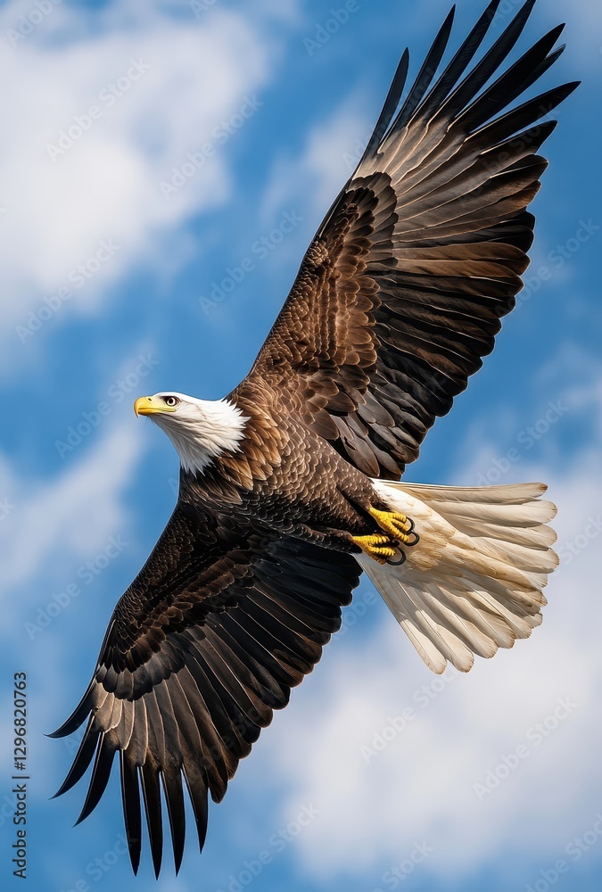 Naklejka premium Majestic Bald Eagle Flying Against a Clear Blue Sky with Fluffy White Clouds Showcasing Powerful Wings and Striking Beauty of Nature