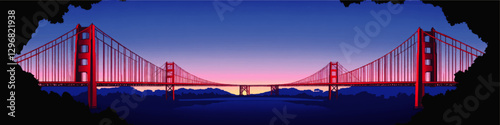 Stunning Vector Illustration of Iconic Golden Gate Bridge at Sunset with Vibrant Skyline and Silhouette of Towers in San Francisco Bay Area