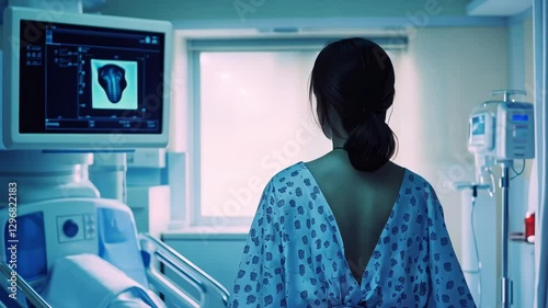 Woman wearing a patient robe at a medical facility, preparing for an ultrasound or mammogram screening