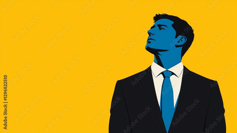 A stylized illustration of a businessman with a blue face looking upward against a bright yellow background. A stylized illustration of a businessman with a blue face looking upward against a bright yellow background.
