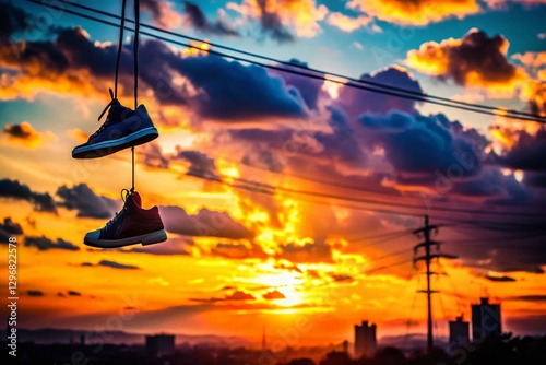 Silhouette of Children's Shoes Dangling from Power Lines at Sunset