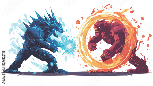 The image is a digital illustration executed in a pixel art style.  It depicts two stylized creatures facing each other in a battle. One creature is predominantly blue and icy in appearance, with