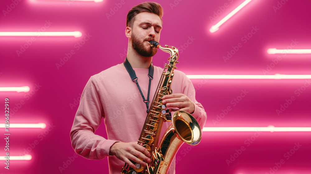 Fototapeta premium Summer concert festival. Musician playing saxophone against a vibrant pink background.