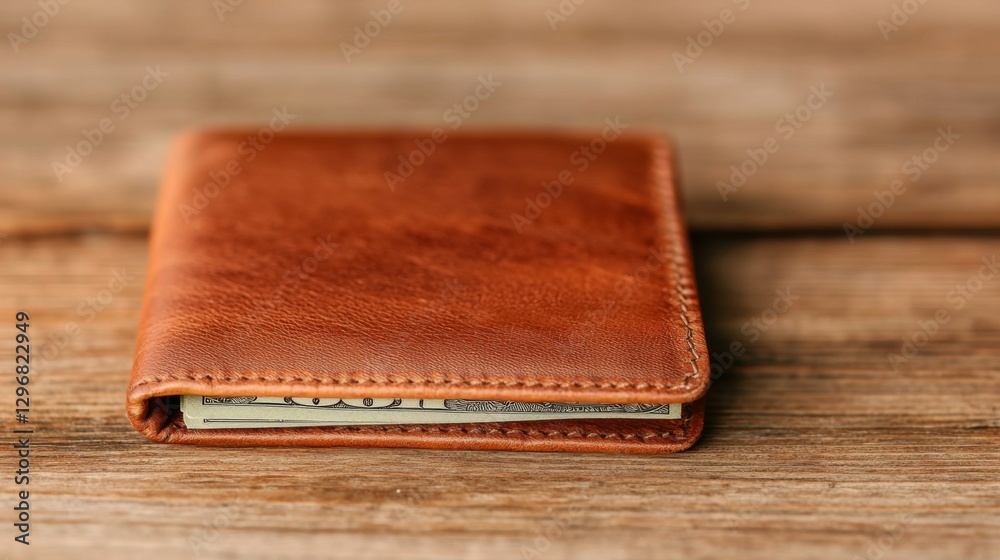 A brown leather wallet sits on a wooden surface, partially open to reveal cash inside, showcasing a minimalist and stylish design. A brown leather wallet sits on a wooden surface, partially open to reveal cash inside, showcasing a minimalist and stylish design.