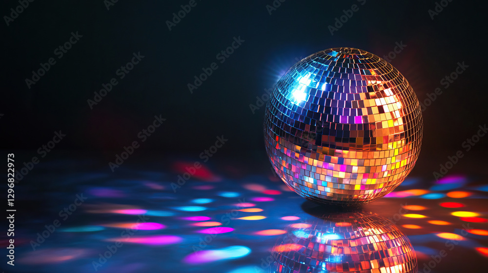 Obraz premium Disco ball with colorful light reflections, bright black background