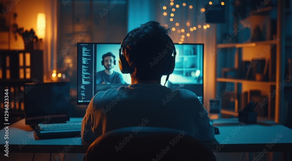 A man with headphones sits at a desk before a computer A man with headphones sits at a desk before a computer