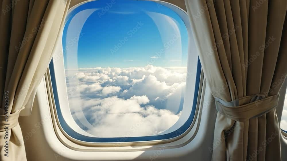 Airplane Window View of Blue Sky and Clouds Airplane Window View of Blue Sky and Clouds