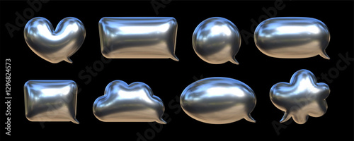 Creative speech bubbles in various forms with a reflective metallic texture arranged on a dark background