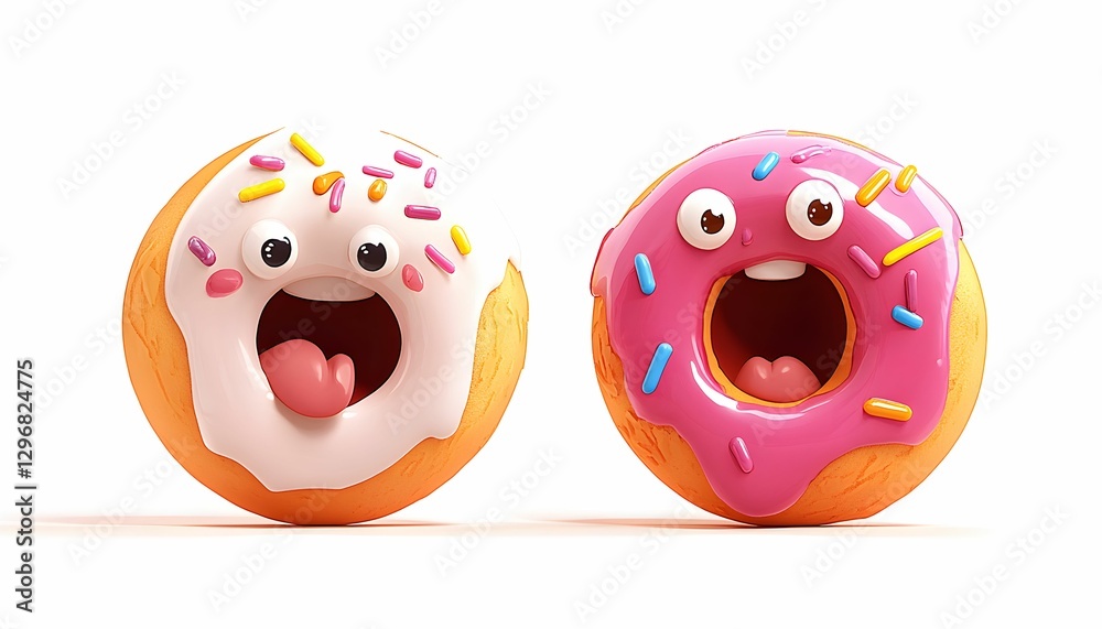 Colorful cheerful donuts with happy faces in playful expressions ready for a fun treat Colorful cheerful donuts with happy faces in playful expressions ready for a fun treat