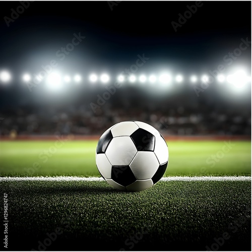Soccer ball on a field near the goalpost during a night match with stadium lights shining bright