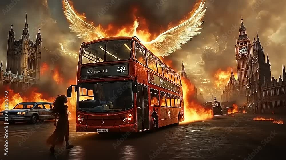 A dramatic scene of a red double-decker bus with angel wings amidst flames near Big Ben