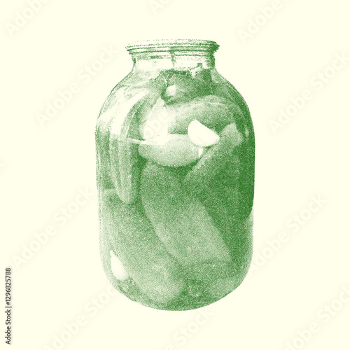 Exploring the art of pickling with vibrant green halftone imagery of pickles in a jar highlighting trendy vegan snacks.