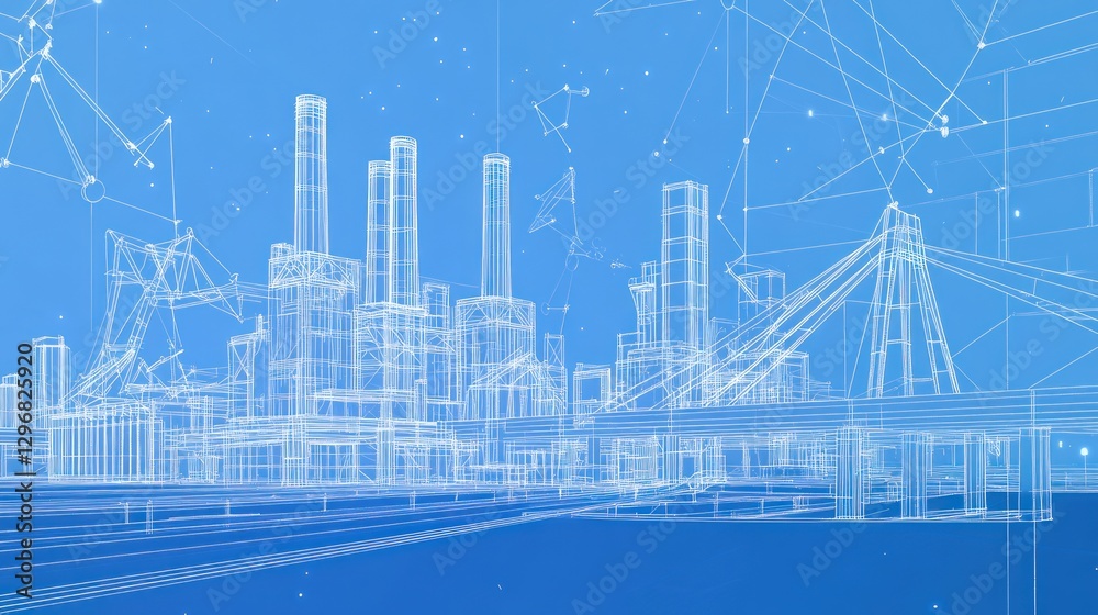 Obraz premium Abstract cityscape wireframe, futuristic city model. Possible use Background for technology, architecture, or design presentation