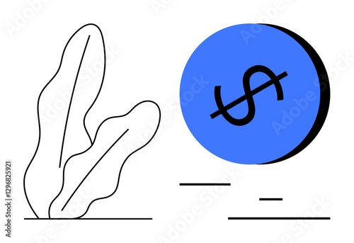 Leaf outlines next to a blue circle with a black dollar sign, representing financial growth and ecology. Ideal for finance, economy, investment, sustainability, business growth, eco-friendly