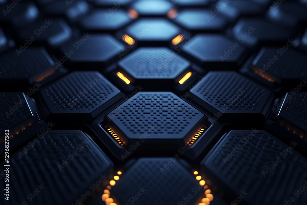 Obraz premium Abstract Dark Hexagon Pattern Background Technology Digital Futuristic Design Modern Dark Blue Orange Glowing Lines Industrial Geometric Structure 3D 
