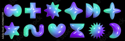 Collection of colorful geometric 3D figures displaying a plastic texture with reflective fiber in vibrant hues, capturing a modern aesthetic inspired by Y2K design trends.