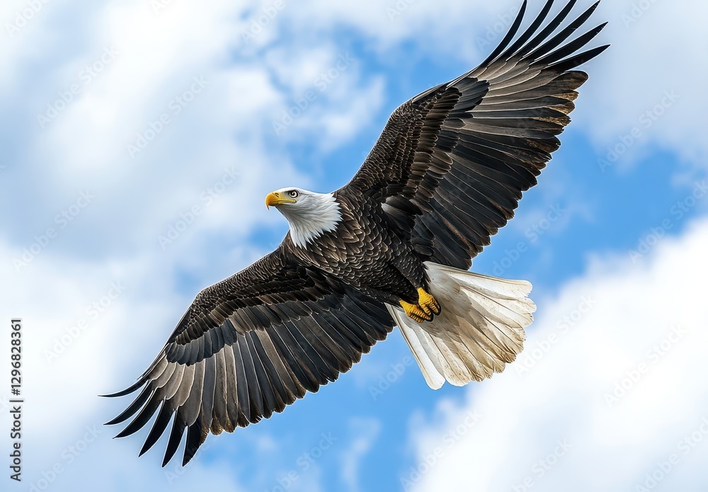 Naklejka premium Majestic Bald Eagle Soaring Across Blue Sky with Fluffy Clouds in Background, Wildlife Photography of American Symbol of Freedom and Strength