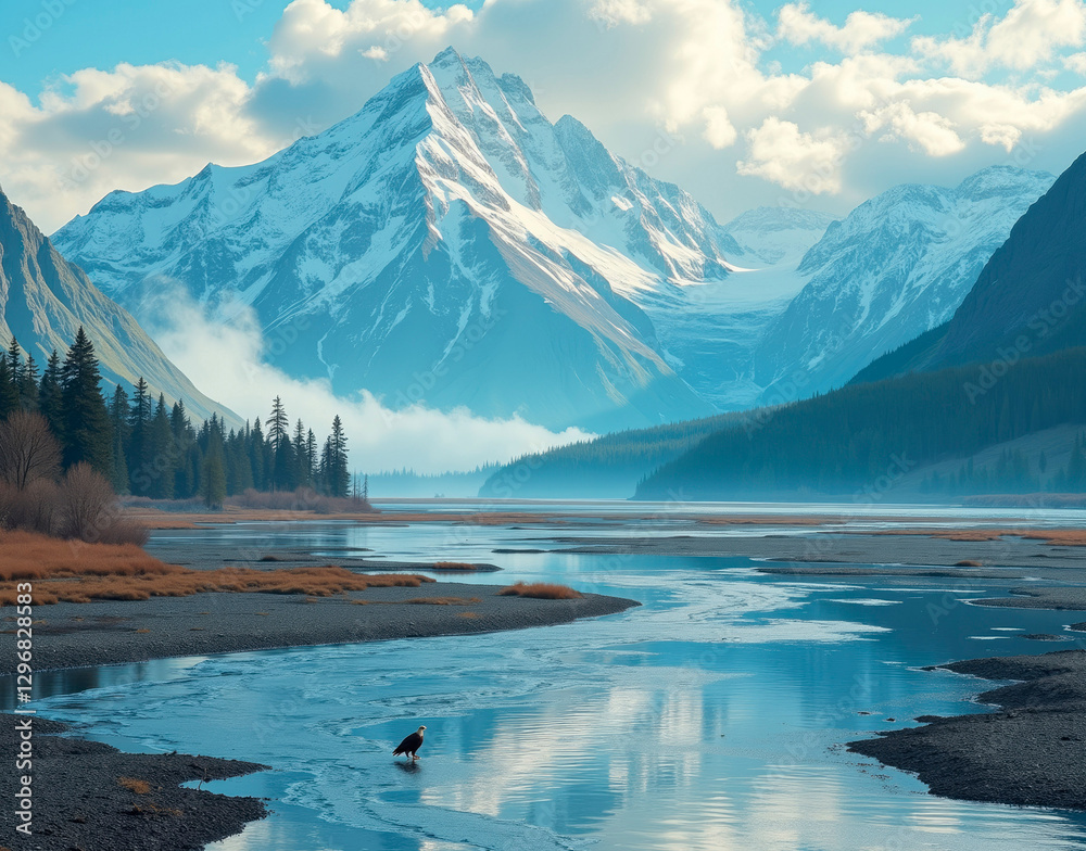 Obraz premium Alaskan salmon river estuary. Low tide reveals braided channels while a bald eagle perches in the distance, surveying the landscape