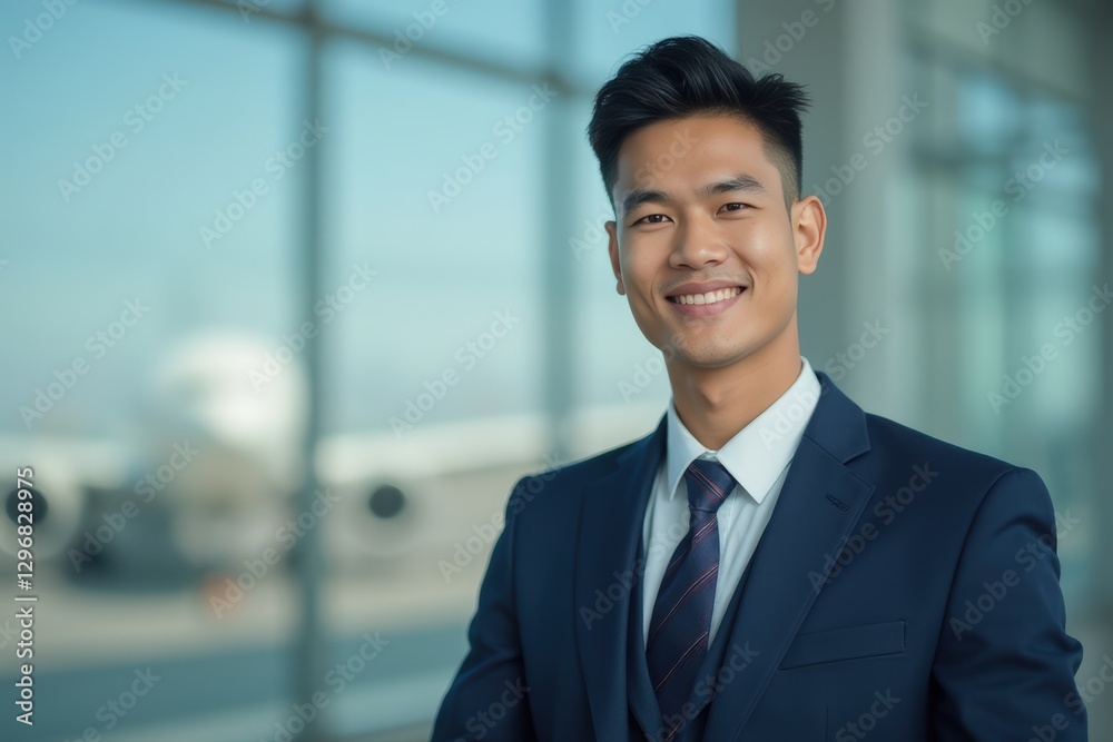 Head and shoulders Portrait of an elegant stylish Peruvian young male flight attendant in uniform. Head and shoulders Portrait of an elegant stylish Peruvian young male flight attendant in uniform.