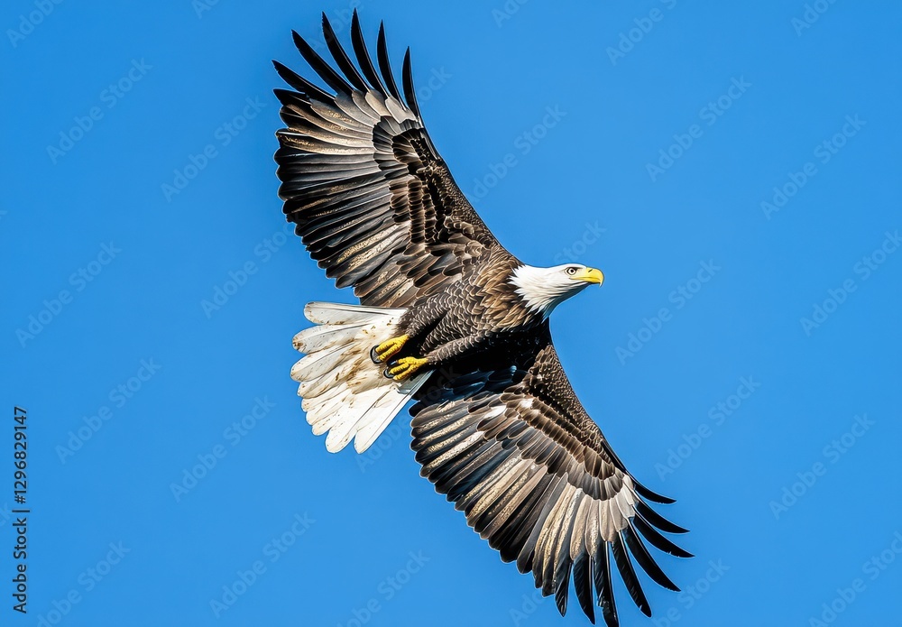 Naklejka premium Majestic Bald Eagle Soaring Against Clear Blue Sky in Splendid Display of Wings and Freedom in Nature's Breathtaking Landscape