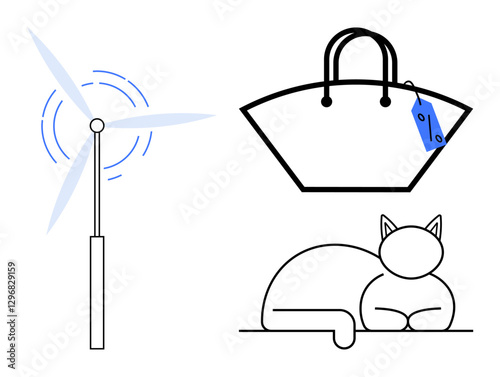 Wind turbine generating eco-friendly energy, stylish handbag with a blue price tag, and a relaxed cat lying down. Ideal for sustainability, shopping, lifestyle, relaxation, eco-conscious living