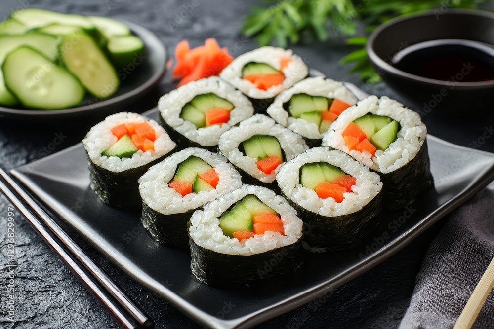 Fresh Vegetable Sushi Rolls Served on Plate with Soy Sauce Fresh Vegetable Sushi Rolls Served on Plate with Soy Sauce