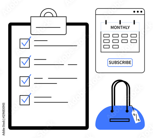 Checklist with checkmarks beside items, monthly subscription calendar, and blue handbag with a price tag. Ideal for productivity, planning, organization, scheduling, e-commerce, subscriptions
