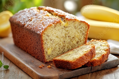 Freshly Baked Banana Bread Loaf with Slices on Wooden Cutting Board
