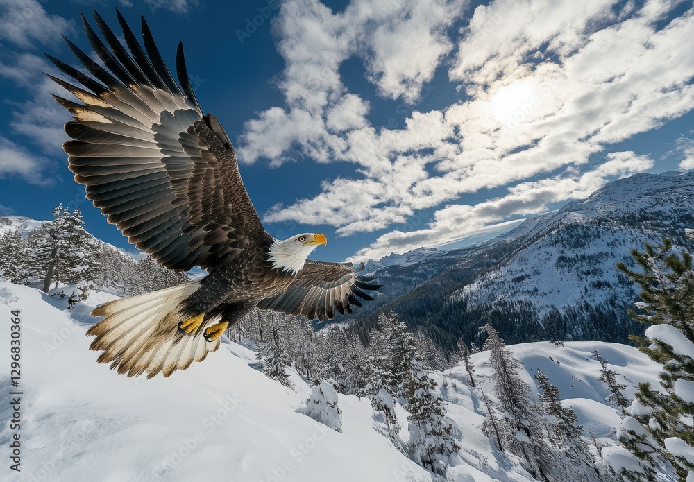 Obraz premium Majestic Bald Eagle Soaring Over Snowy Mountain Landscape in Bright Blue Sky with White Clouds and Sunlight Emphasizing Natural Beauty of Wilderness