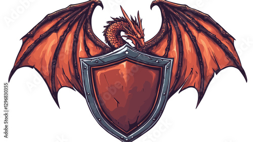 Digital illustration of a red dragon with large, outstretched wings positioned behind a red shield. The dragon's body is partially obscured by the shield.  The wings are detailed with orange and