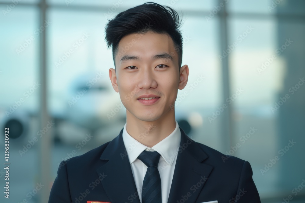 Head and shoulders Portrait of an elegant stylish Vietnamese young male flight attendant in uniform. Head and shoulders Portrait of an elegant stylish Vietnamese young male flight attendant in uniform.