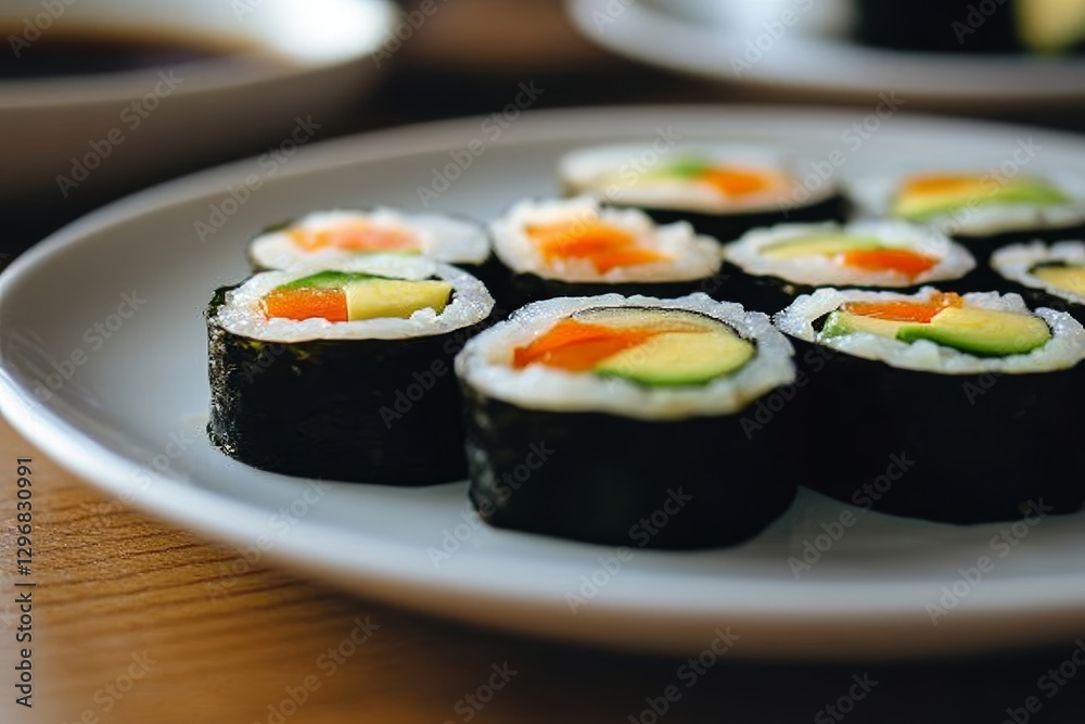 Freshly Prepared Colorful Sushi Rolls on White Plate Freshly Prepared Colorful Sushi Rolls on White Plate