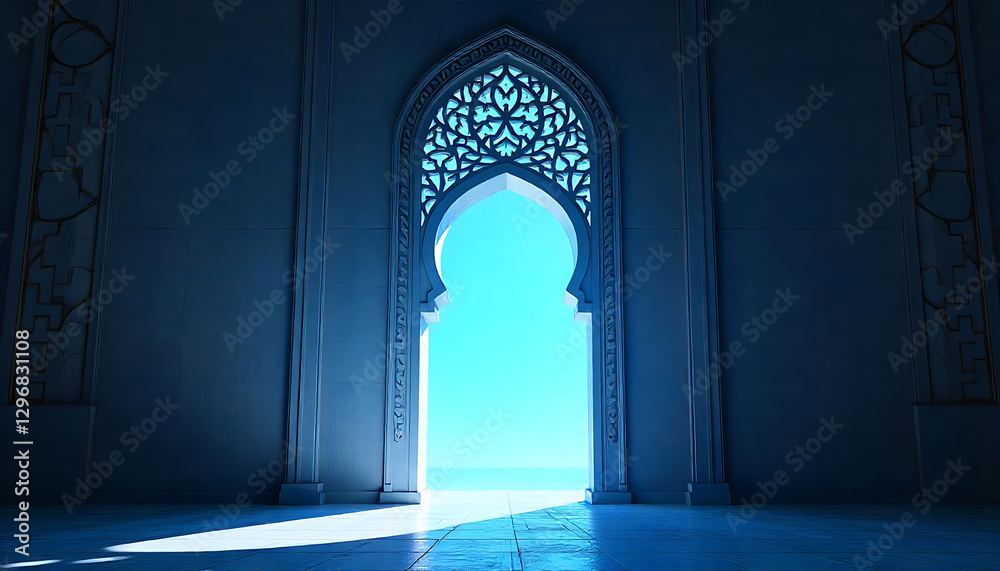 An arched doorway provides view to bright blue light beyond its walls An arched doorway provides view to bright blue light beyond its walls