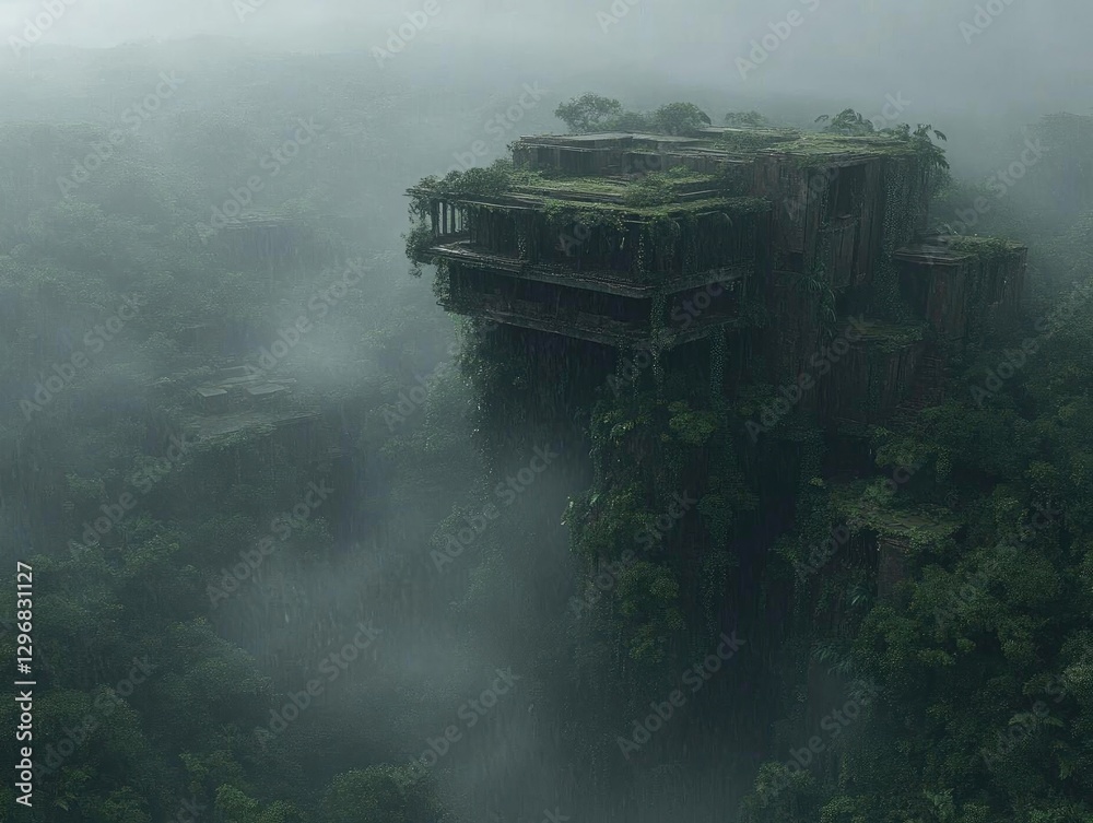 Fototapeta premium Overgrown Ruins: Nature Reclaims Lost Structures in Misty Forest