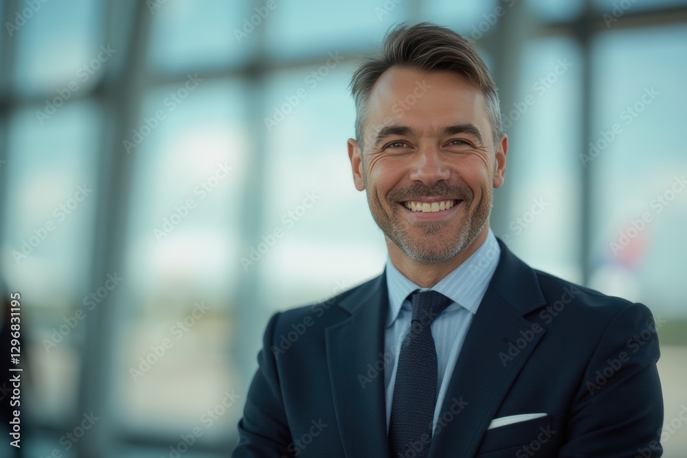 Head and shoulders Portrait of an elegant stylish Argentine 50 years old male flight attendant in uniform. Head and shoulders Portrait of an elegant stylish Argentine 50 years old male flight attendant in uniform.